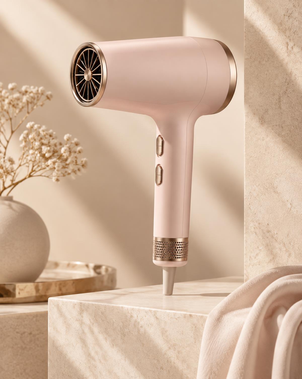 Blush premium hair dryer on an ivory pedestal